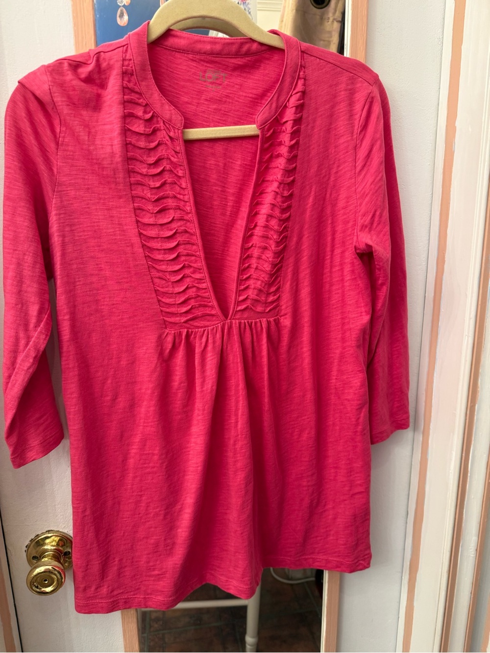 LOFT Bright Pink Ruffle-Trim V-Neck Tunic